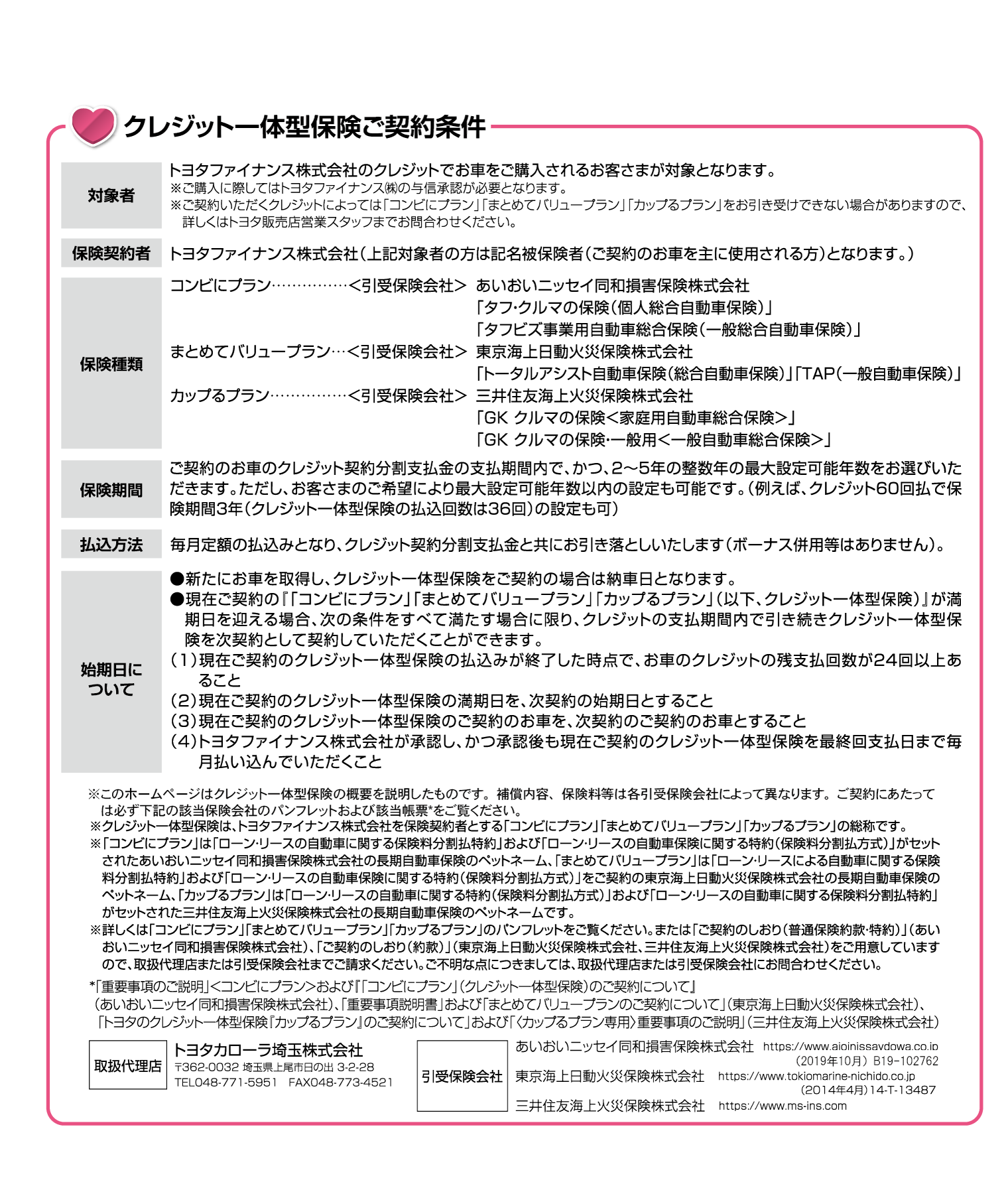 クレジット一体型保険  トヨタカローラ埼玉